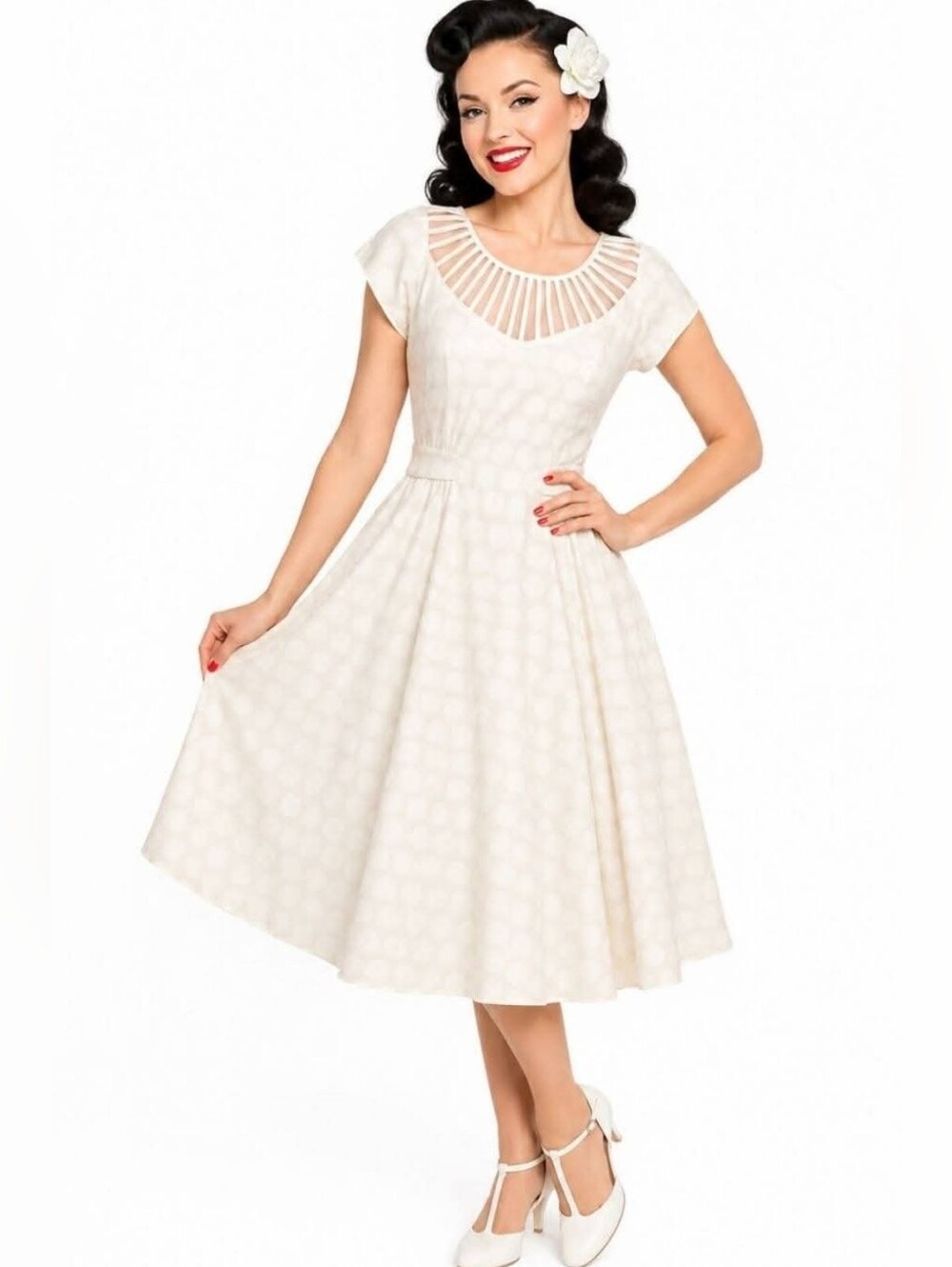 Bettie Page Cream Midi Fit-and-Flare Dress with Strappy Scoop Yoke